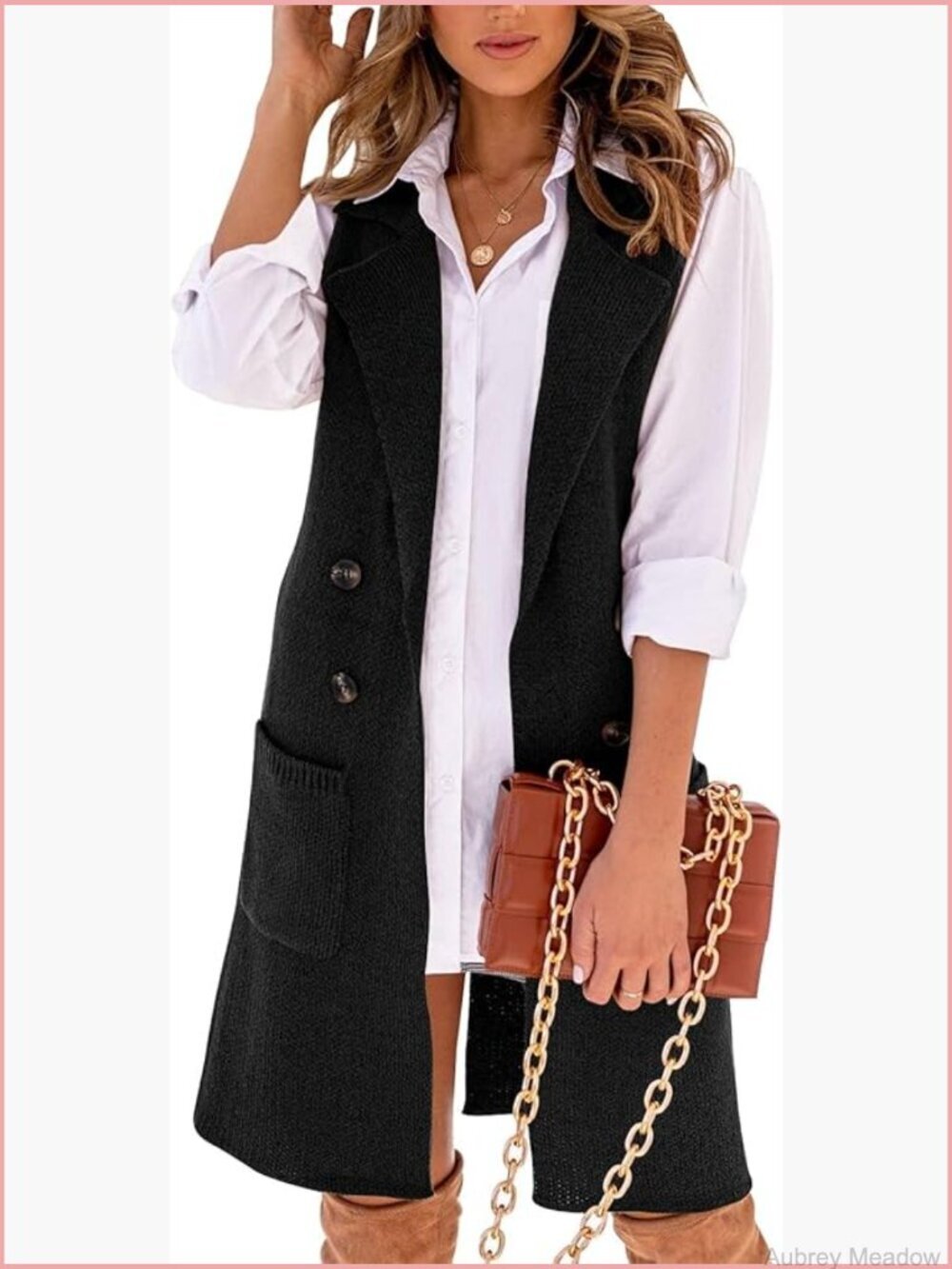 Long Sleeveless Knit Cardigan Vest Double Breasted Trench Coat with Pockets